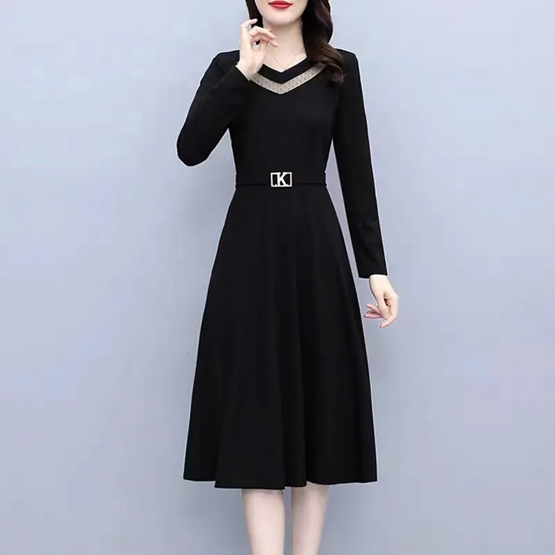 Elegant Black Sheath Dress round collar women dress A-line Summer Ladies Midi Office or casual Wear Dresses