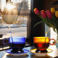 Set Cangkir Kopi dan Piring Kaca Borosilikat Vintage Kreatif Berwarna-warni, Dapat Disterilkan dengan Microwave atau Api Terbuka