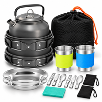 Ensemble de cuisine de camping en aluminium anodisé, poêle, casserole, théière, tasse avec manches en silicone pour la randonnée et les pique-niques
