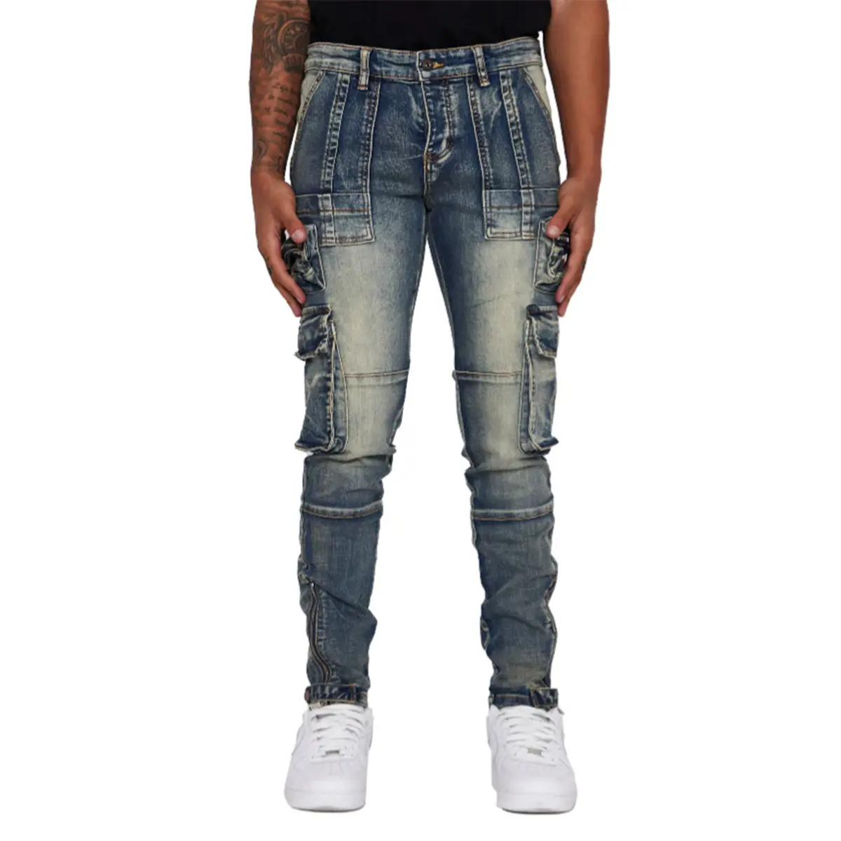 custom multi zip 3D pocket blue washed skinny distressed ripped cargo jeans men casual cargo pants with zipper ankle