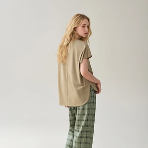 Pijama <span class=keywords><strong>de</strong></span> mujer personalizado <span class=keywords><strong>de</strong></span> talla grande con estampado <span class=keywords><strong>de</strong></span> cuadros <span class=keywords><strong>de</strong></span> algodón y Spandex <span class=keywords><strong>de</strong></span> punto <span class=keywords><strong>de</strong></span> manga corta <span class=keywords><strong>de</strong></span> buena calidad <span class=keywords><strong>de</strong></span> 2 piezas para verano - Product Image 2