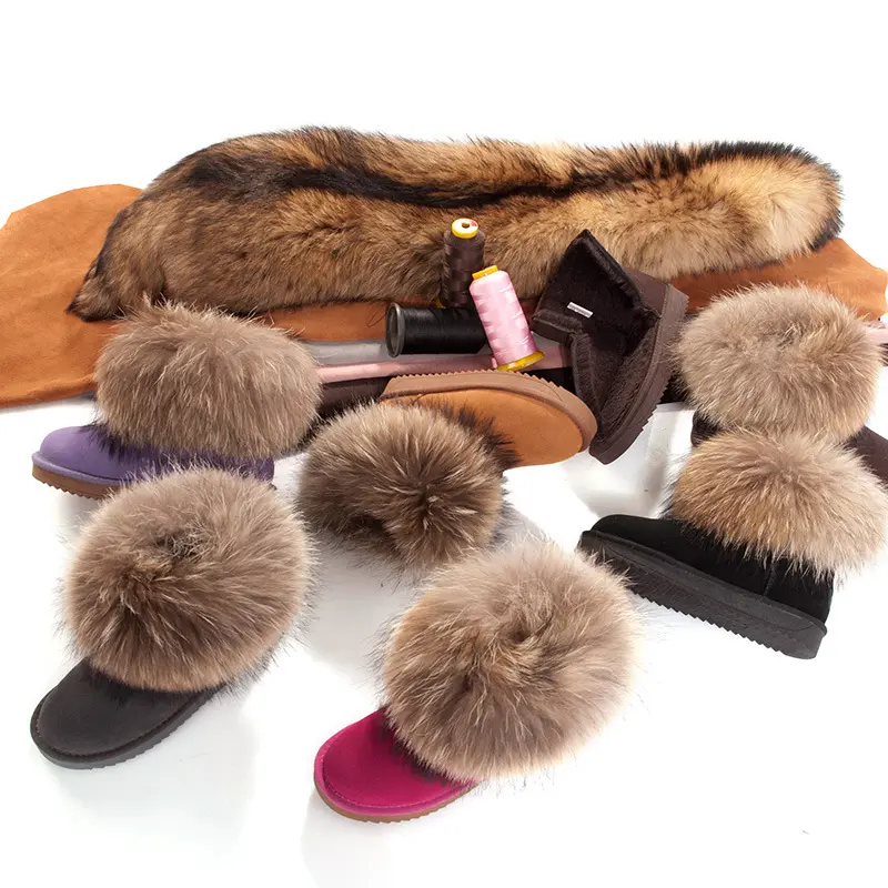 Wholesale fashion winter women boots ladies fur snow boots round toe raccoon fur cow leather warm anti-slip fur boots