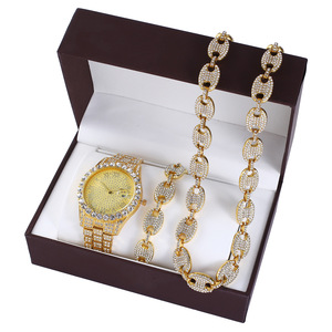 Big Dial Hip Hop Pig Nose Iced Out Cuban Link Full Diamond Steel Band Quartz <strong>Watch</strong> Bracelet Necklace <strong>Set</strong> for Gift With Box - Product Image 5
