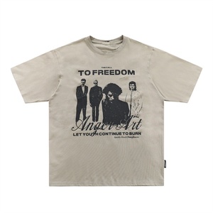 Cream Color Vintage Wash Dirty Painting Boxy Fit <strong>T</strong> <strong>Shirts</strong> <strong>Rapper</strong> Printing Hip Hop Distress Short Sleeves <strong>T</strong> <strong>Shirt</strong> for Men - Product Image 1
