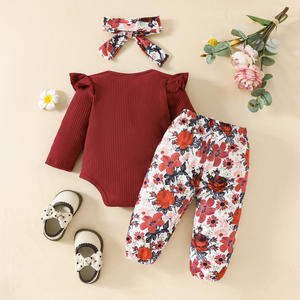 Ensemble trois pièces pour bébé en coton transfrontalier : haut à manches longues en dentelle, pantalon triangle à fleurs et nœud, ceinture pour cheveux - Product Image 4