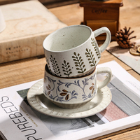 Ensemble tasse à café et soucoupe en céramique florale vintage, vaisselle rétro en grès peinte à la main, tasse à thé pour la maison, le bureau, le café, usage quotidien, cadeau
