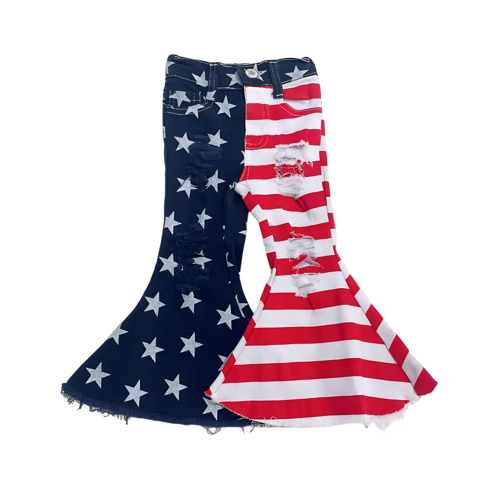 Free Shipping Kids Denim Jeans Bell Bottom Girls 4th Of July Stars and Stripes Jean Bells