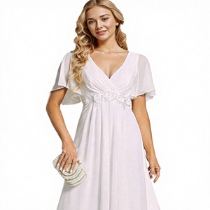 Ever-Pretty Women's Wedding Guest Dress Anti-Static A-Line Floor-Length 100% Cotton Appliques Ruffle Sleeves V-Neck Denim - Product Image 3
