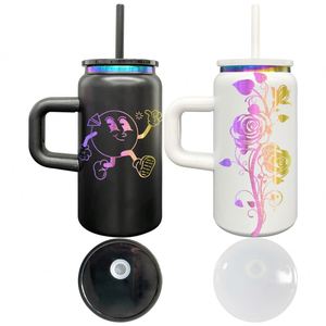 Vaso de acero inoxidable Mason Jar de 16 oz con asa y tapa, pajita, chapado en arcoíris, vaso de acero inoxidable al vacío de 16 oz con asa - Product Image 2