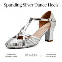 Chaussures de danse latine personnalisées à paillettes argentées pour femmes, à bout fermé, à bride en T, talons hauts, semelle en daim souple, pour la pratique de la salsa et de la danse de salon