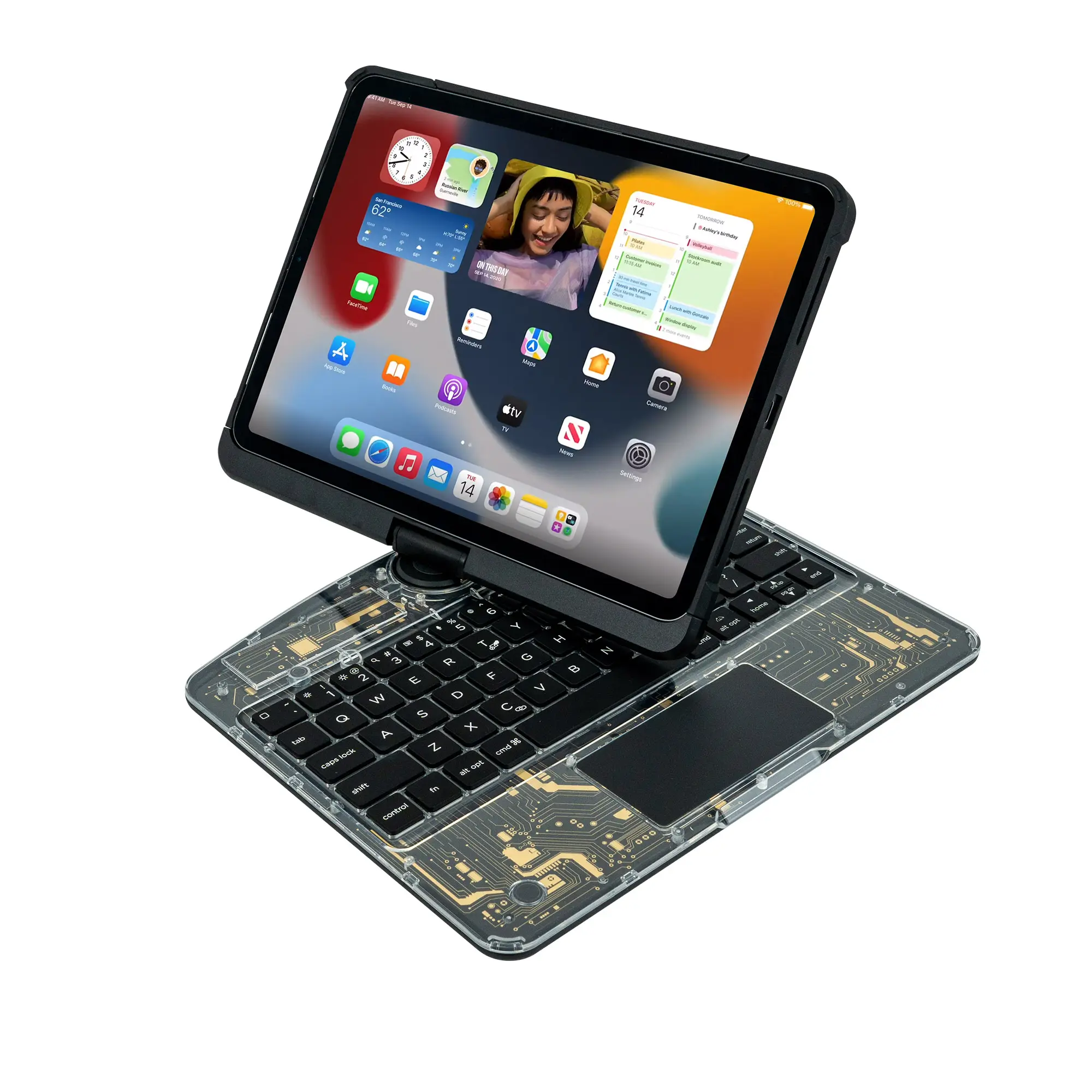 Fabrika fiyat 360 derece dönen Bluetooth klavye durumda şeffaf yapı tasarımı ile 10.9 inç iPad/ 11 inç iPad
