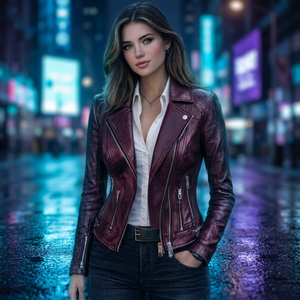 Chaqueta de Motociclista de Cuero Sintético Color Borgoña para Mujer, Cuello Camisero, Cierre de Cremallera, Corte Ajustado, Largo Regular, Color Sólido para Otoño - Product Image 1