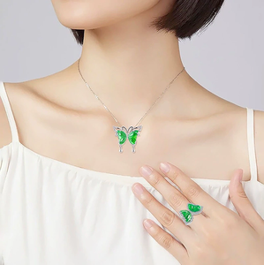 Authentic natural jadeite green butterfly pendant in icy-grade <b>jade</b>. S925 silver set with a women's style <b>ring</b> earring - Product Image 4