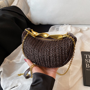 Bolsos de paja de verano Bolsos de mano con asa superior de metal Bolsos de hombro para mujer 2 correas Bolsos de hombro con cadena - Product Image 6