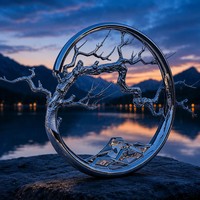 Sculpture circulaire d'arbre de pin d'inspiration zen - Art extérieur sur mesure de grande envergure en acier inoxydable