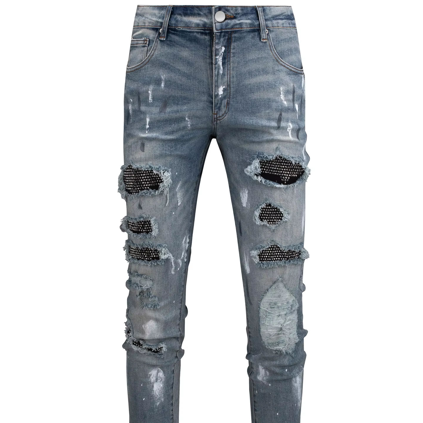 Slim Fit Black Ripped Jeans With Paint New Fashion Black Patch