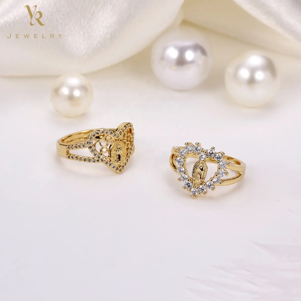 FR2057 कस्टम पीतल वर्जिन मैरी क्रिस्टल धार्मिक गहने शादी प्रेमी दिल हीरा सोने की अंगूठी के लिए पुरुषों 24k