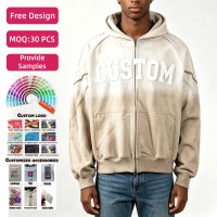 Sudadera con capucha para hombre de algodón 100% de 460 g/m² con efecto lavado, bordado de apliques y cremallera, cuello redondo, estilo pullover.