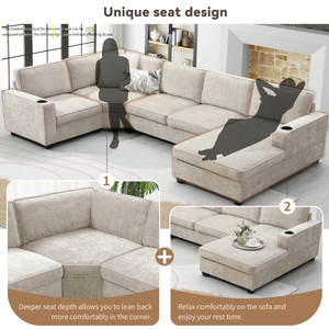 Canapé d'angle moderne Loveliving en forme de U, surdimensionné, avec porte-gobelets, chaise longue, en chenille, ensemble de canapé 6 places, <span class=keywords><strong>lit</strong></span> convertible - Product Image 4