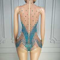 Ocstrade Leuchtend Blauer Kristall-Gradient Bodysuit für Damen Jumpsuits Ärmellos Rollkragen Cut-Out Maßgeschneiderte Tanzkleidung Party-Outfit