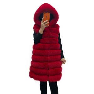 Personalizable Color y Tamaño Largo Con Capucha Rayas Rojo Real Fox <span class=keywords><strong>Fur</strong></span> Chaleco Invierno Grueso Cálido Chaleco de Piel de Mujer - Product Image 1