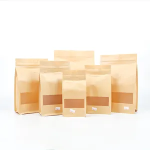 Eco Friendly Food Packaging Square Bottom Plain Ziplock Flat Bottom Kraft Paper Bag With Window