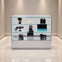 Vitrine à bijoux de luxe à 3 niveaux en verre trempé avec base miroir et piédestal en acier inoxydable brossé, présentoir de comptoir