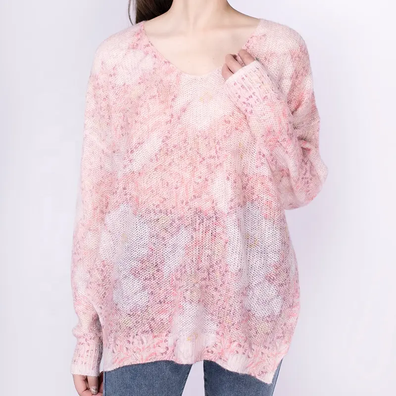 Großhandel Damen Sommer Mohair Strickjacke Damen lockere Rundhalsausschnitt übergroße gestrickte Pullover Übergröße Mohair-Sweater
