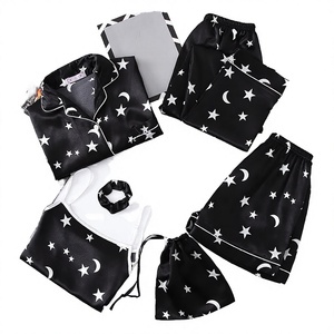 Ensemble de pyjama en satin 7 pièces pour femme, manches longues, imprimé lune et étoiles, débardeur, short, taille élastique, luxe, été, respirant - Product Image 2