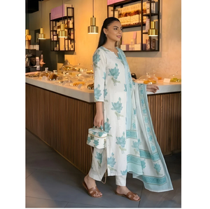 ชุดคุรตะผ้าฝ้ายสีฟ้าซีโฟมสำหรับผู้หญิง ลายดอกไม้ แห้งเร็ว ไม่ยับ สวมใส่สบาย เหมาะสำหรับงานเทศกาล - Product Image 3