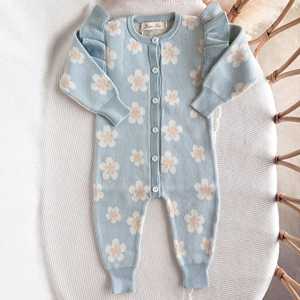 Nuevo y Adorable Mameluco <span class=keywords><strong>de</strong></span> Punto para Bebé Niña, Suéter 100% Algodón Orgánico, Jacquard <span class=keywords><strong>de</strong></span> Margaritas, Volantes en los Hombros, Traje <span class=keywords><strong>de</strong></span> <span class=keywords><strong>Otoño</strong></span> Invierno, Mono - Product Image 1