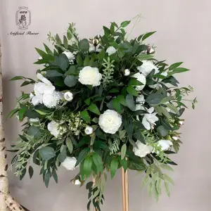 DKB Artificial Factory Wholesale Customized White Rose Green Leaf Silk Real Touch Flower Ball Green Arrangement