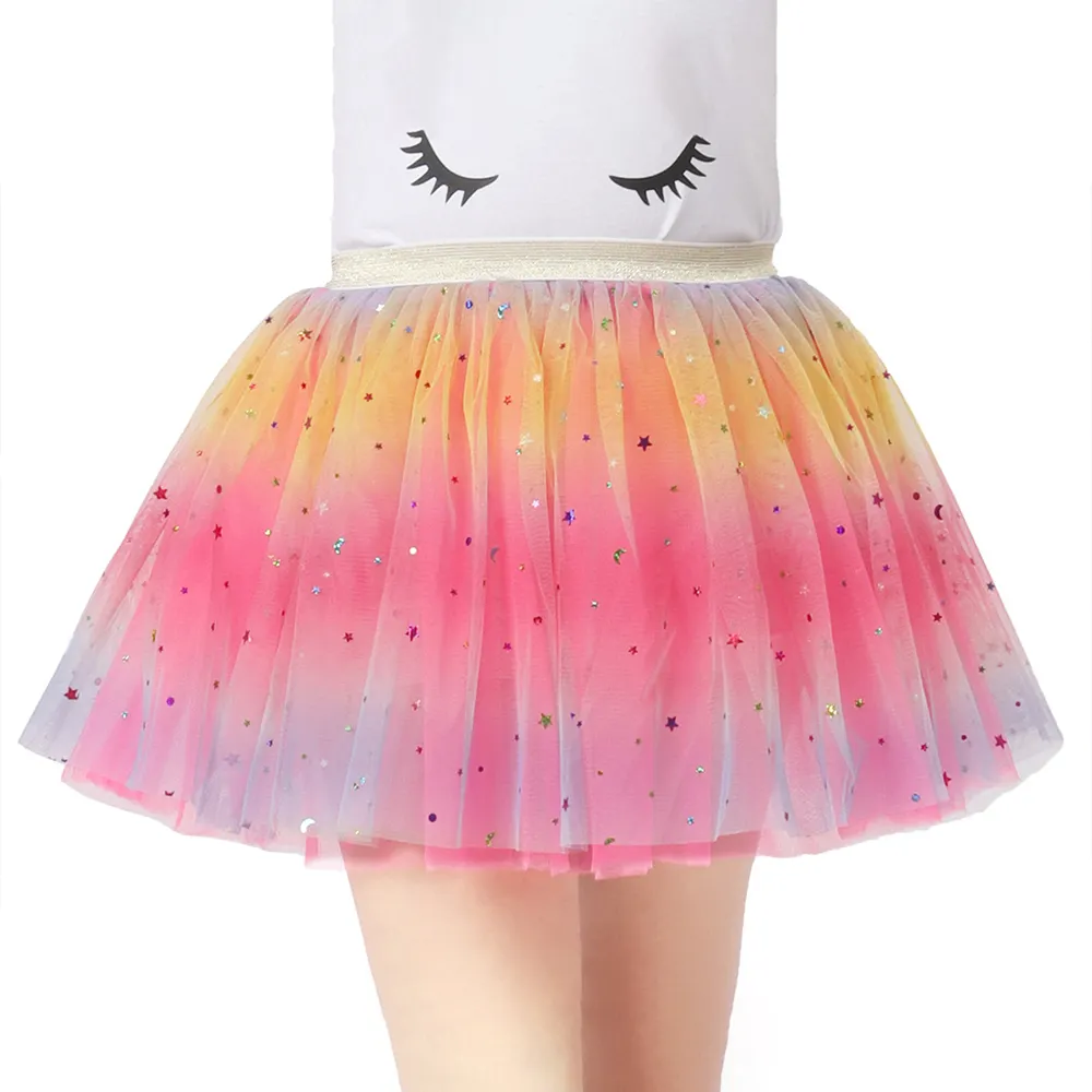Радужная юбка-пачка для девочек, Юбки принцессы со звездами и блестками, детская балетная юбка для вечеринки, Детская градиентная одежда GTS022