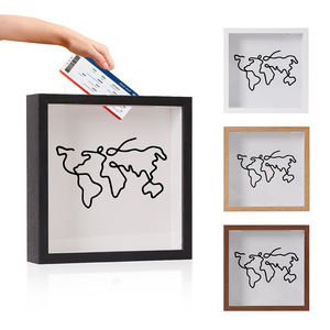 Caja de Ahorros de Madera Moderna Premium con Diseño de Mapa del Mundo y Flores - Estuche de Exhibición para Fondos de Aventura - Tarro de Ahorro de Gran Capacidad - Product Image 1