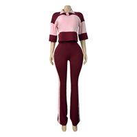 Setelan Olahraga Wanita 2 Potong Warna Kontras Kerah Polo Atasan Crop Top Celana Lebar Bergaris Samping Kasual