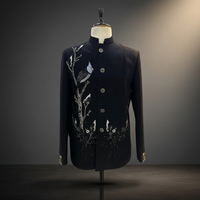 Veste Sherwani brodée d'oiseaux et de papillons noirs pour garçons et hommes, tenue de soirée formelle traditionnelle pour mariage