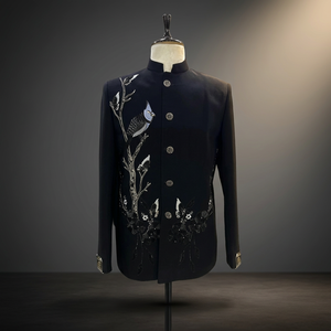 Black Bird and Butterfly Embroidered Sherwani Jacket for Men Traditional Wedding Bandhgala Formal Eveningwear - Product Image 4