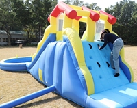 Toboggans aquatiques gonflables doubles pour l'extérieur avec piscine à balles, mur d'escalade, piscine à jets, jeu de lancer d'anneaux, panier de basket-ball, souffleur