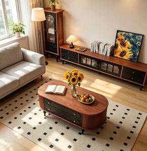 Midcentury Modern Wood Coffee <b>Table</b> with <b>Storage</b> Drawers for Living Room Furniture - Product Image 2
