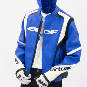 Arcobaleno tocca il Design personalizzato giacca da moto in <span class=keywords><strong>pelle</strong></span> classica di colore <span class=keywords><strong>blu</strong></span> retrò giacca da moto con Logo e Patch in <span class=keywords><strong>pelle</strong></span> Nascar giacca da corsa <span class=keywords><strong>uomo</strong></span> - Product Image 1