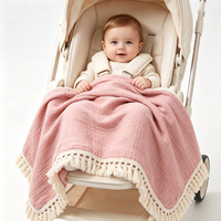 Couverture de poussette portable en coton pur doux à double couche en tissu crêpe avec pompons, pour toutes les saisons, pour enfants