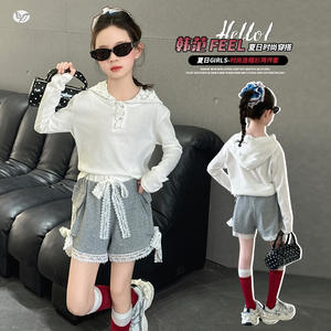 Conjunto de Verano 2026 para Niñas, Sudadera con Capucha de Manga Larga con Ribete de Encaje y Pantalones Cortos con Volantes, Atuendo Transpirable de Algodón y Poliéster para Niñas Grandes - Product Image 4
