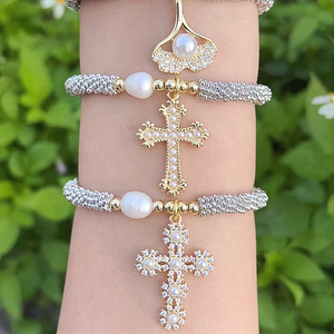 CH-LAT0409 Argent Placage <span class=keywords><strong>Religion</strong></span> Cuivre Perles Bracelet Plaqué Or Connecteur CZ Pendentif Bracelet Réglable Bijoux En Gros - Product Image 4