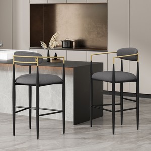 Ensemble de 2 tabourets de bar modernes pour hôtel, rembourrés avec dossier en tissu beige, pieds en bois naturel et fer, meubles commerciaux robustes - Product Image 5