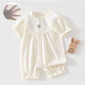 Baby Girl Summer <b>Short</b> Sleeve Romper Thin Cotton Breathable <b>Onesie</b> With Floral Embroidery For Infants - Product Image 1