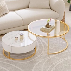 Juego de Mesas de Centro Nórdicas Modernas para Sala de Estar con Patas Doradas, Cubierta de Mármol y Gabinetes de Almacenamiento, <span class=keywords><strong>Muebles</strong></span> de Vidrio para el Hogar - Product Image 1