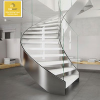 Escalier en colimaçon moderne CBMmart en acier, bois courbé, verre trempé et marbre avec balustrade en verre