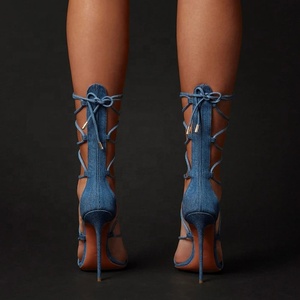 I lacci in pelle per bambini e denim della migliore qualità allacciano i <span class=keywords><strong>sandali</strong></span> da donna con tacco alto a spillo - Product Image 4