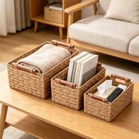 Ensemble de paniers de rangement en corde de papier tressée à la main de haute qualité, 3 pièces, avec poignées en bois, écologiques, organisateur de cuisine et de maison, personnalisable