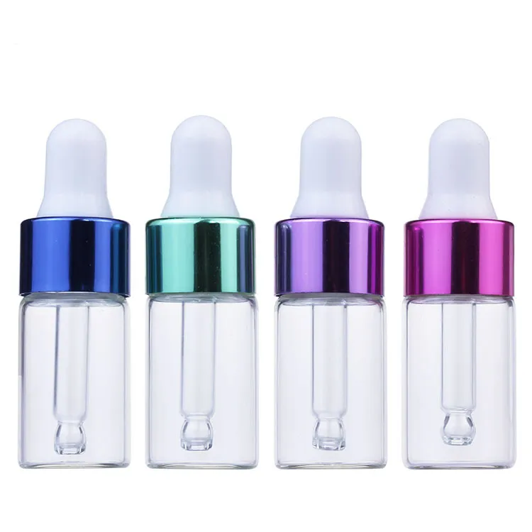 Free sample empty cosmetics package blue green purple pink glass 3ml transparent dropper bottle